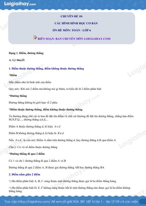 Dạng 1. Điểm và đường thẳng Chủ đề 10 Ôn hè Toán 6